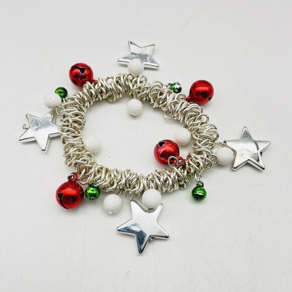 Christmas Charm Bracelet Stretch Silver Tone Stars Bells Holiday Jewelry - Picture 2 of 6